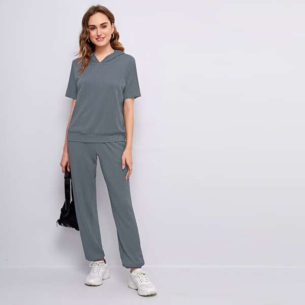 

Solid Hooded Tee With Sweatpants, Dark grey