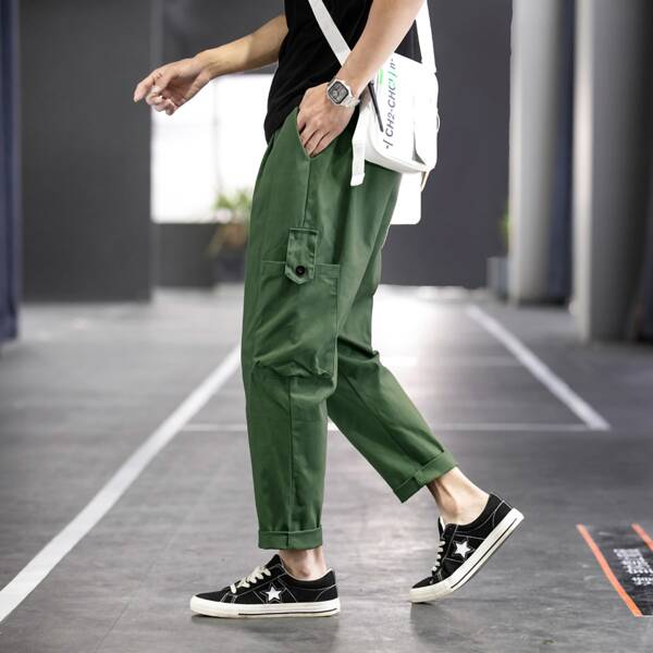 

Men Pocket Side Drawstring Waist Pants, Army green