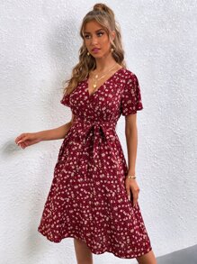 Breezaya Ditsy Floral Belted Sundress - Red - View 5