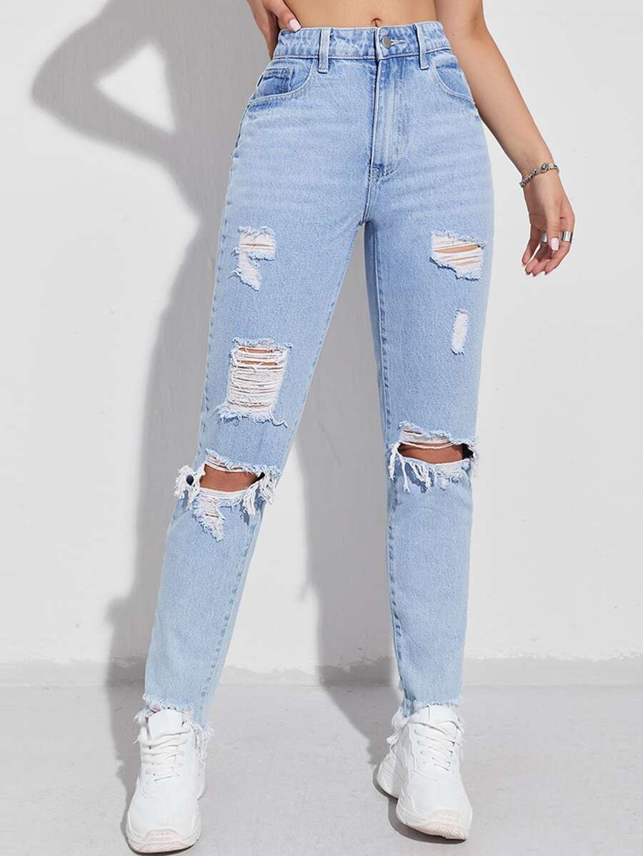 SHEIN EZwear Ripped Raw Hem Mom Jeans - Light Wash - View 1