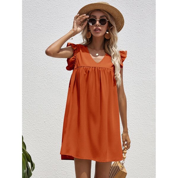 

Ruffle Armhole Smock Dress, Burnt orange