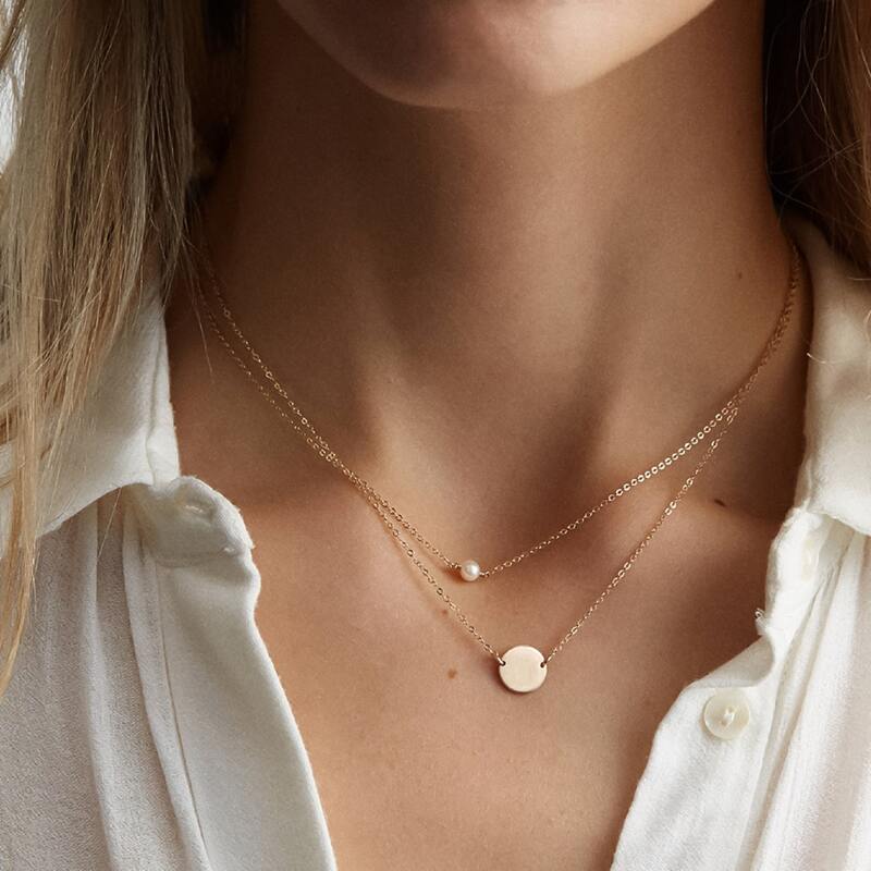 

Disc & Faux Pearl Layered Necklace, Gold