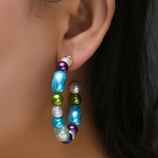

Faux Pearl Beaded Open Hoop Earrings, Multicolor