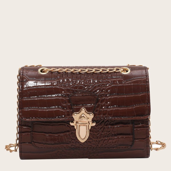 

Push Lock Croc Embossed Chain Shoulder Bag, Coffee brown