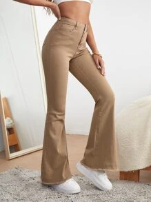 SHEIN Frenchy Jeans con cierre de botones, bajo crudo y pierna acampanada - Caqui - Ver 1