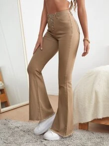 SHEIN Frenchy Jeans con cierre de botones, bajo crudo y pierna acampanada - Caqui - Ver 4