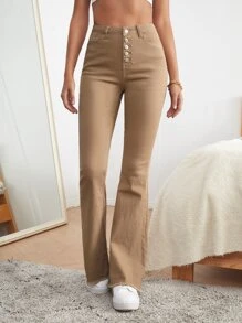 SHEIN Frenchy Jeans con cierre de botones, bajo crudo y pierna acampanada - Caqui - Ver 5