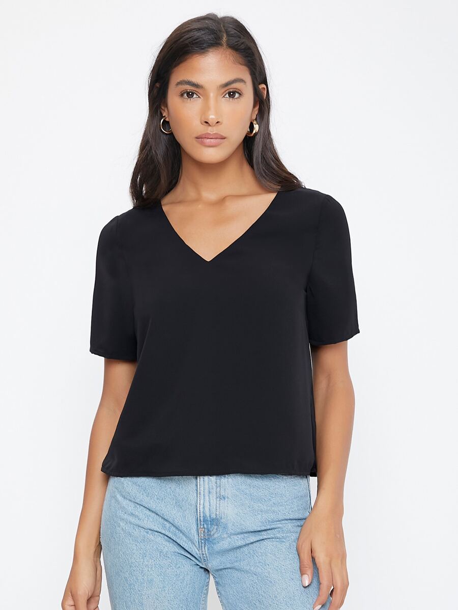 SHEIN V-neck Solid Top - Black - View 1