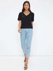 SHEIN V-neck Solid Top - Black - View 3