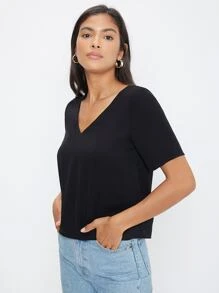SHEIN V-neck Solid Top - Black - View 5