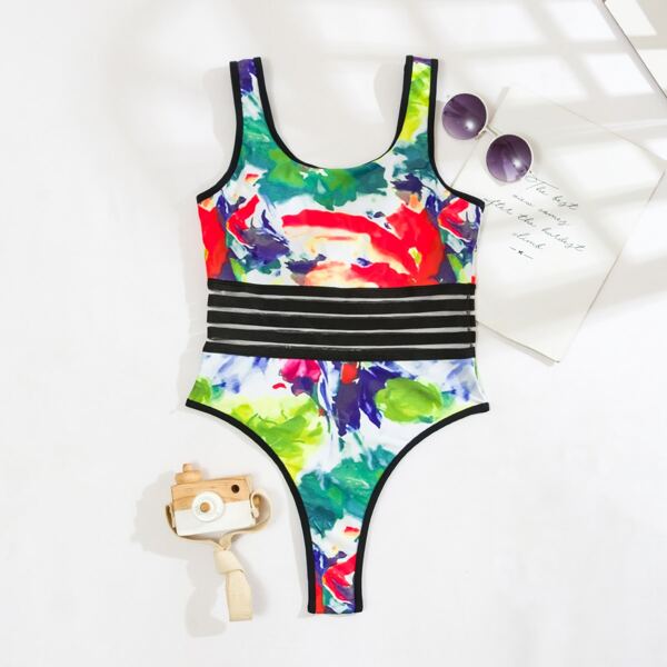 

Tie Dye Contrast Mesh One Piece Swimsuit, Multicolor