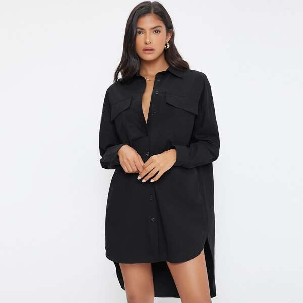 

Drop Shoulder Solid Shirt Dress, Black