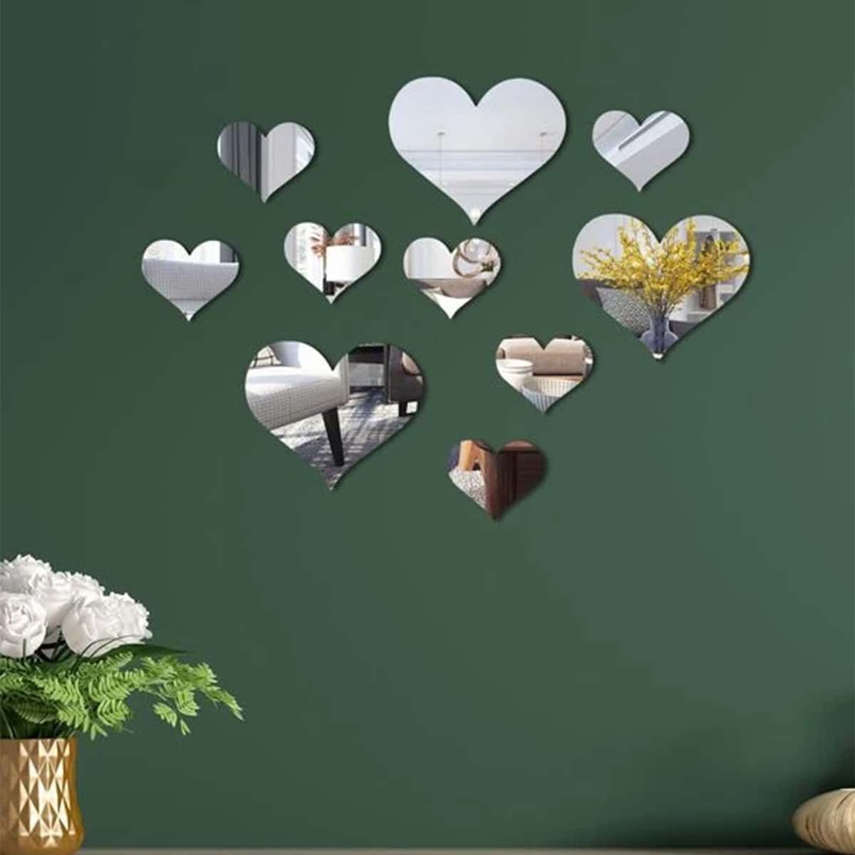 

10pcs Heart Mirror Surface Wall Sticker, Silver