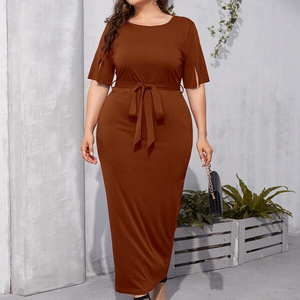 

Plus Split Sleeve Belted Fitted Dress, Mocha brown