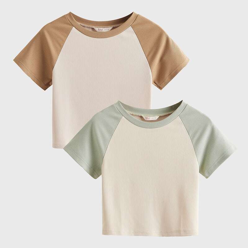 

2pcs Colorblock Ribbed Tee, Multicolor