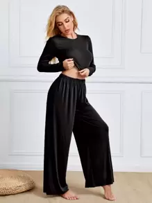Solid Crop Tee & Wide Leg Trousers Lounge Set - Black - View 1