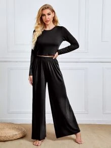 Solid Crop Tee & Wide Leg Trousers Lounge Set - Black - View 3