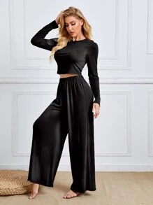 Solid Crop Tee & Wide Leg Trousers Lounge Set - Black - View 4