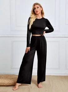 Solid Crop Tee & Wide Leg Trousers Lounge Set - Black - View 5