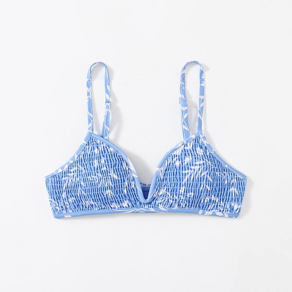 

Plant Print Smocked V Wired Bikini Top, Blue