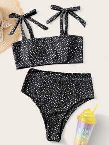 Polka Dot Tie Shoulder Bikini, For Summer Beach Vacation - Black and White - View 1