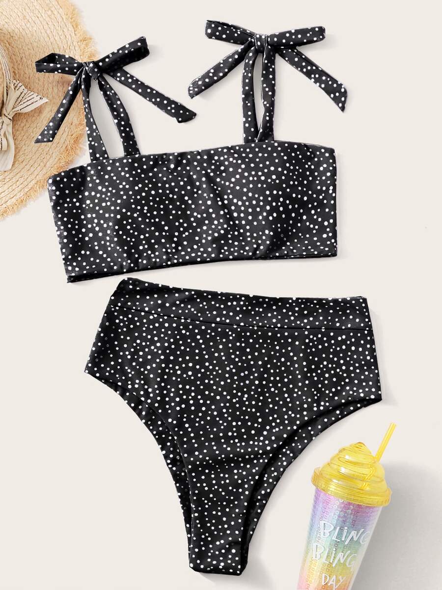 Polka Dot Tie Shoulder Bikini, For Summer Beach Vacation - Black and White - View 1