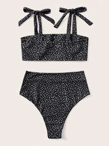 Polka Dot Tie Shoulder Bikini, For Summer Beach Vacation - Black and White - View 2