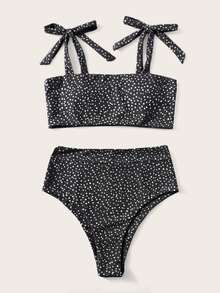 Polka Dot Tie Shoulder Bikini, For Summer Beach Vacation - Black and White - View 3