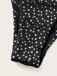 Polka Dot Tie Shoulder Bikini, For Summer Beach Vacation - Black and White - View 4