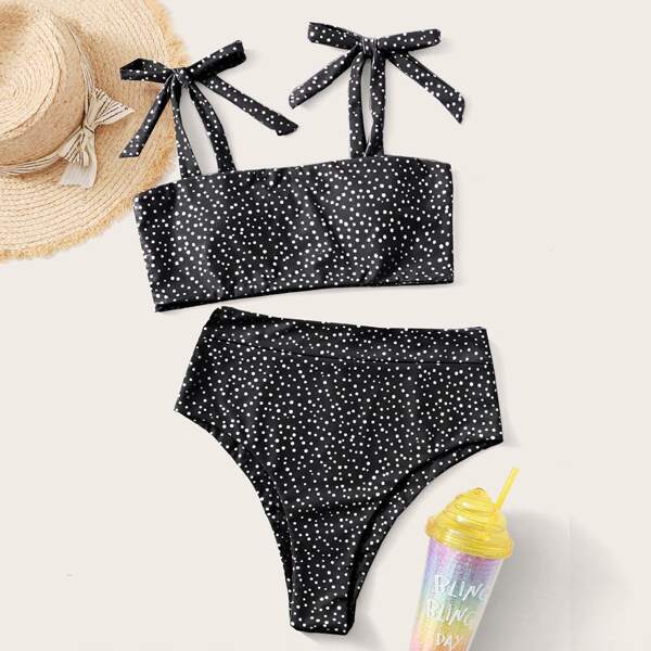 

Polka Dot Tie Shoulder Bikini Swimsuit, Black and white