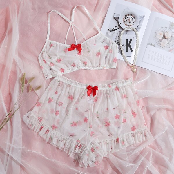 

Plus Floral Print Mesh Bralette & Shorts, White