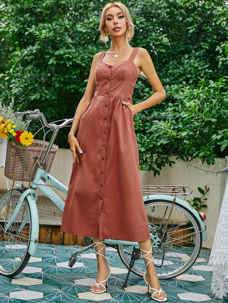 Button Front Pocket Side Solid Cami Dress - Red - View 7