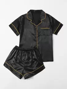 Bộ đồ ngủ satin cài nút phía trước có viền tương phản - màu đen - Xem 3