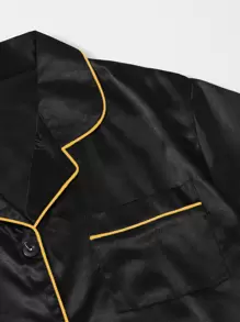 Bộ đồ ngủ satin cài nút phía trước có viền tương phản - màu đen - Xem 4