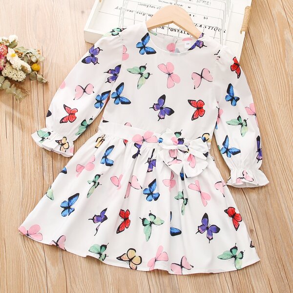 

Toddler Girls Butterfly Print Bow Smock Dress, White