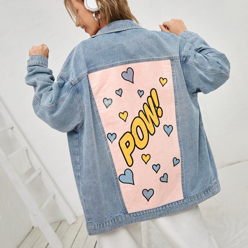 

Letter & Heart Graphic Drop Shoulder Denim Jacket, Light wash