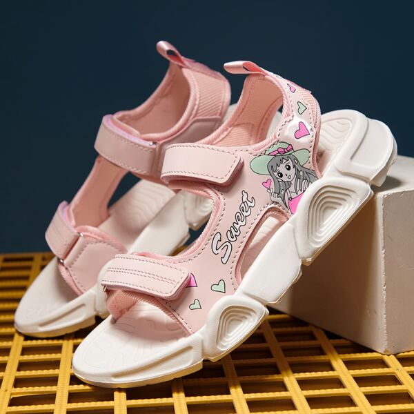 

Girls Cartoon Graphic Velcro Strap Sport Sandals, Pink