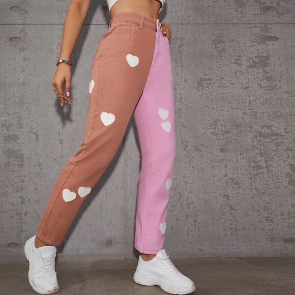 

High Waist Heart Patch Straight Jeans, Multicolor