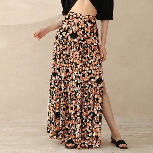 

Split Thigh Ruffle Hem Ditsy Floral Skirt, Multicolor