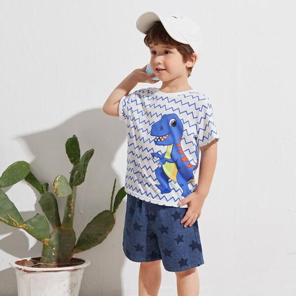 

Toddler Boys Dinosaur & Wave Print Tee, Blue and white
