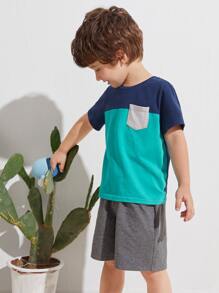 SHEIN Toddler Boys Patch Pocket Colorblock Tee - Blue - View 3