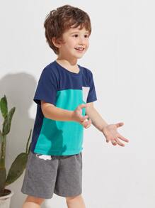SHEIN Toddler Boys Patch Pocket Colorblock Tee - Blue - View 4