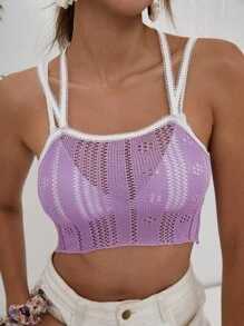 SHEIN VCAY Crop Open Knit Top - Lilac Purple - View 1
