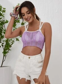 SHEIN VCAY Crop Open Knit Top - Lilac Purple - View 4