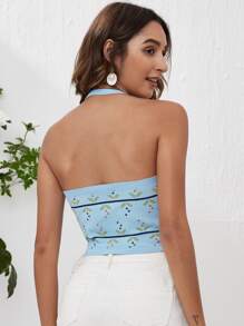 SHEIN VCAY 滿版圖案繞頸針織上衣 - 淺藍色 - 查看 2