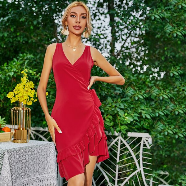 

Solid Knot Side Wrap Dress, Burgundy