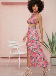 SHEIN Tropical Leaf Halter Crop Top & M-Slit Maxi Skirt Set - Multicolor - View 3