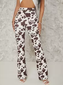 SHEIN SXY Cow Print High Waisted Flare Leg Trousers - Multicolor - View 1