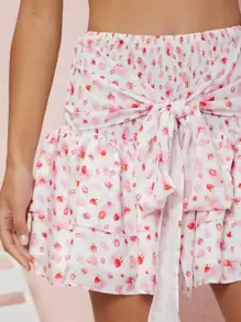 SHEIN VCAY Strawberry Self-Tie Bow Smocked Ruffled Mini Skirt - Multicolor - View 4