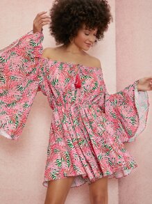 SHEIN VCAY Off Shoulder Flounce Sleeve Tropical Print Romper - Multicolor - View 1